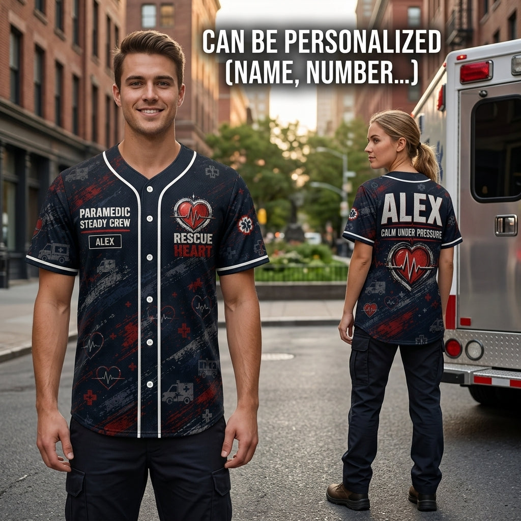 Personalized Paramedic Steady Crew Baseball Jersey - Custom Name First Responder Gift - Rescue Heart Uniform