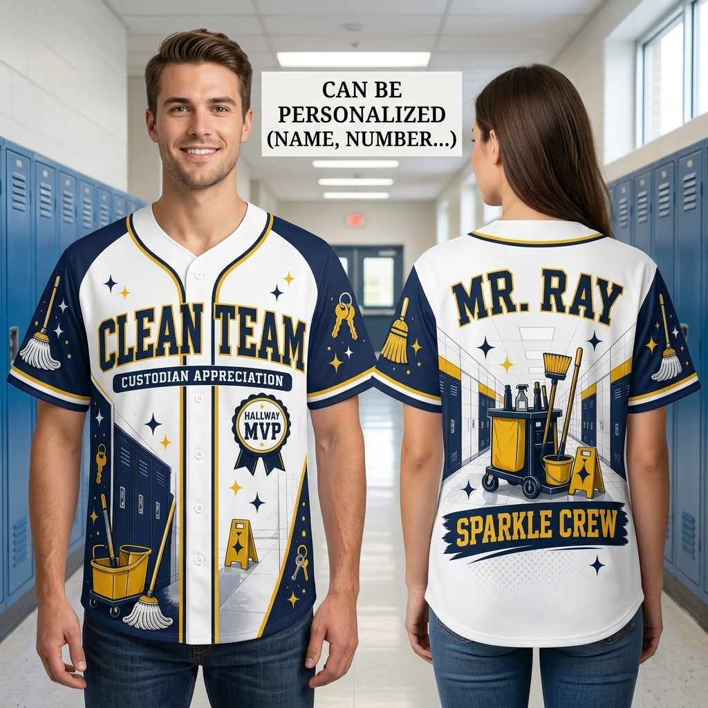 Personalized Clean Team Custodian Appreciation Baseball Jersey - Custom Name Sparkle Crew Hallway MVP Shirt