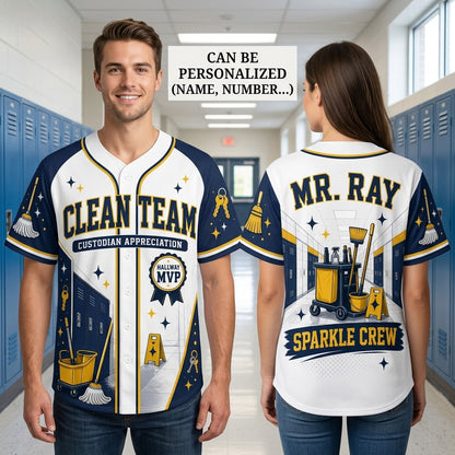 Personalized Clean Team Custodian Appreciation Baseball Jersey - Custom Name Sparkle Crew Hallway MVP Shirt