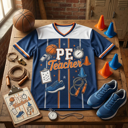 Personalized PE Teacher Football Jersey - Custom Name Coach Gym Class Energy Shirt