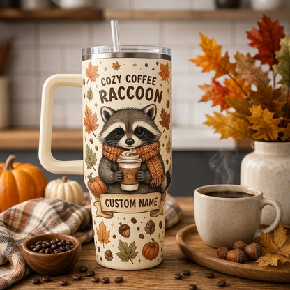 Personalized Cozy Coffee Raccoon 40oz Tumbler with Handle - Custom Fall Autumn Gift