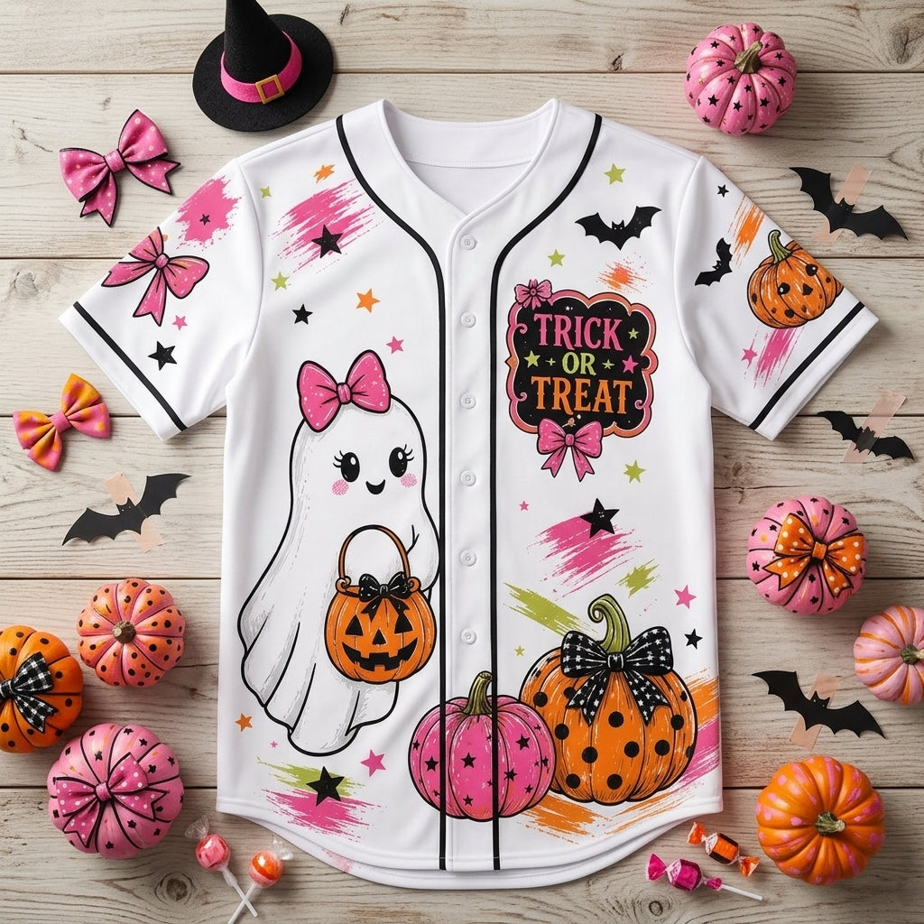Personalized Girly Trick or Treat Halloween Baseball Jersey - Cute Ghost & Pink Pumpkin Spooky Girl Button Up