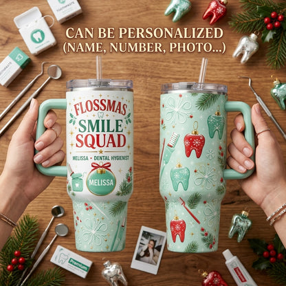 Personalized Flossmas Smile Squad 40oz Tumbler with Handle, Custom Dental Hygienist Christmas Gift