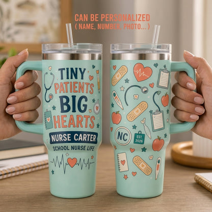 Personalized School Nurse 40oz Tumbler with Handle - Tiny Patients Big Hearts Custom Name Gift