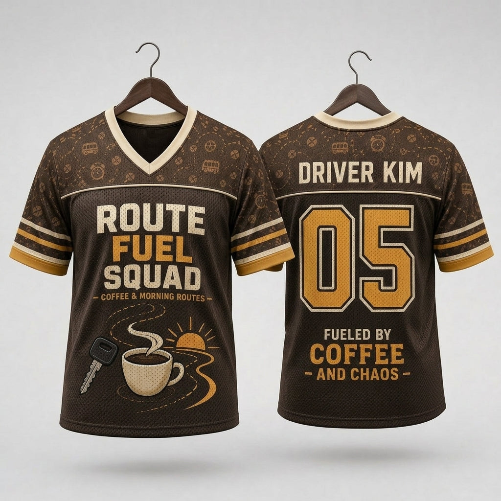 Personalized Route Fuel Squad Football Jersey - Custom Name and Number Coffee Lover Jersey for Drivers
