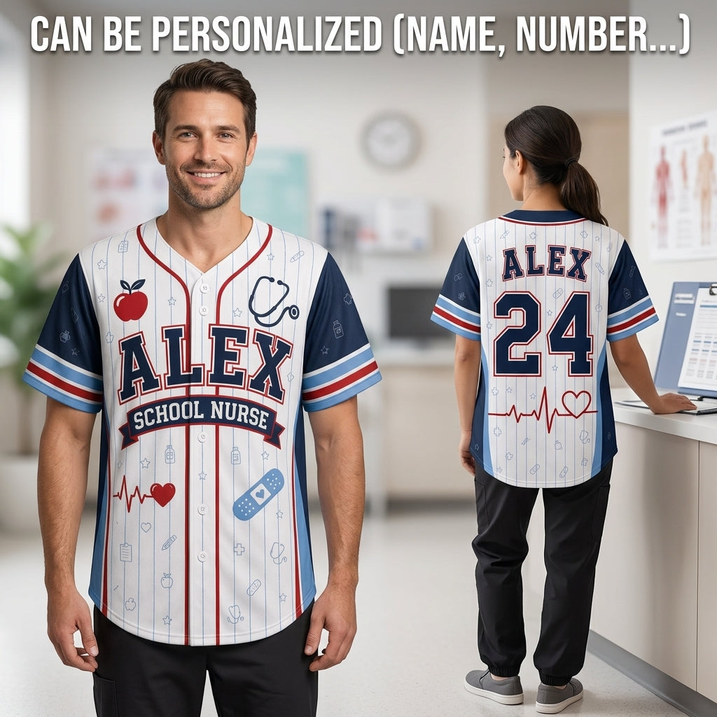 Personalized School Nurse Baseball Jersey - Custom Name & Number Athletic Jersey for Healthcare Heroes