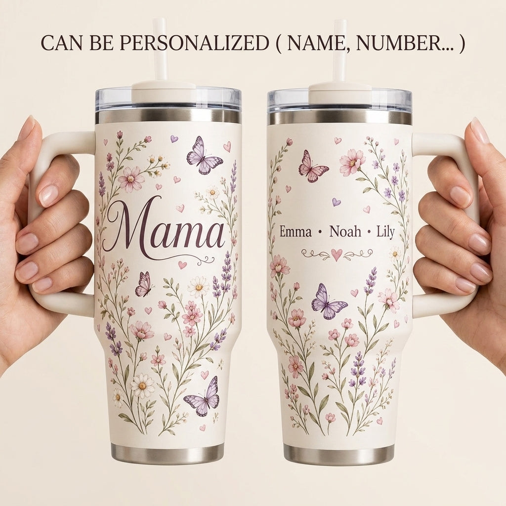 Personalized Mama Floral 40oz Tumbler with Handle - Custom Kids Names & Butterfly Design Gift