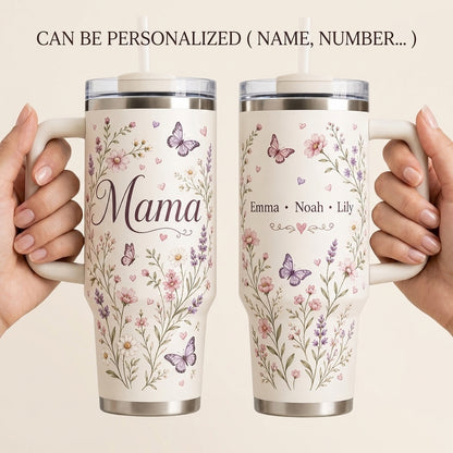 Personalized Mama Floral 40oz Tumbler with Handle - Custom Kids Names & Butterfly Design Gift