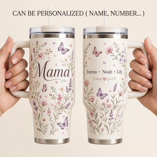 Personalized Mama Floral 40oz Tumbler with Handle - Custom Kids Names & Butterfly Design Gift