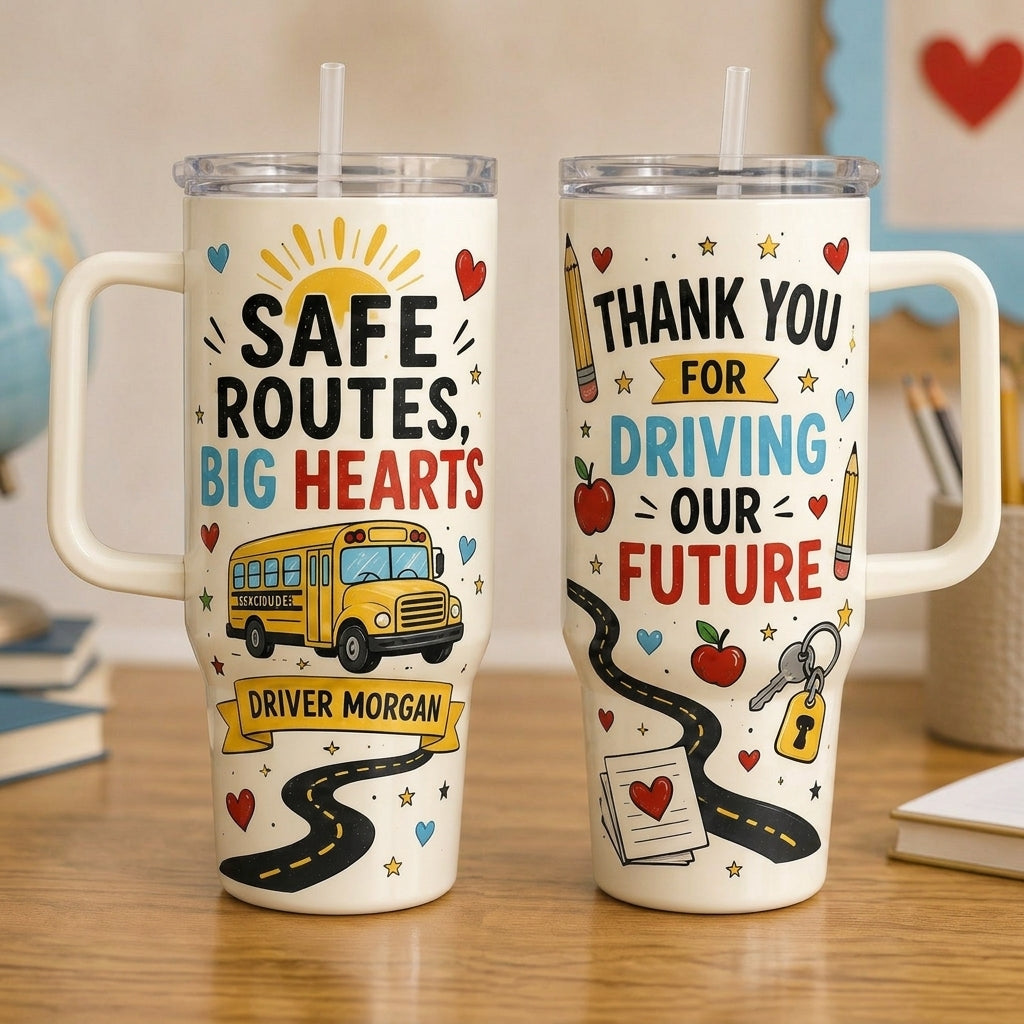 Personalized School Bus Driver 40oz Tumbler with Handle - Custom Name Appreciation Gift