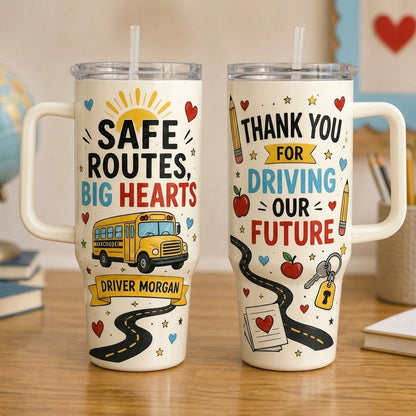 Personalized School Bus Driver 40oz Tumbler with Handle - Custom Name Appreciation Gift