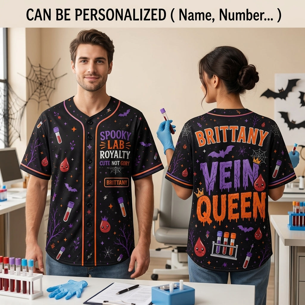 Personalized Vein Queen Baseball Jersey - Spooky Lab Royalty Phlebotomist Halloween Costume