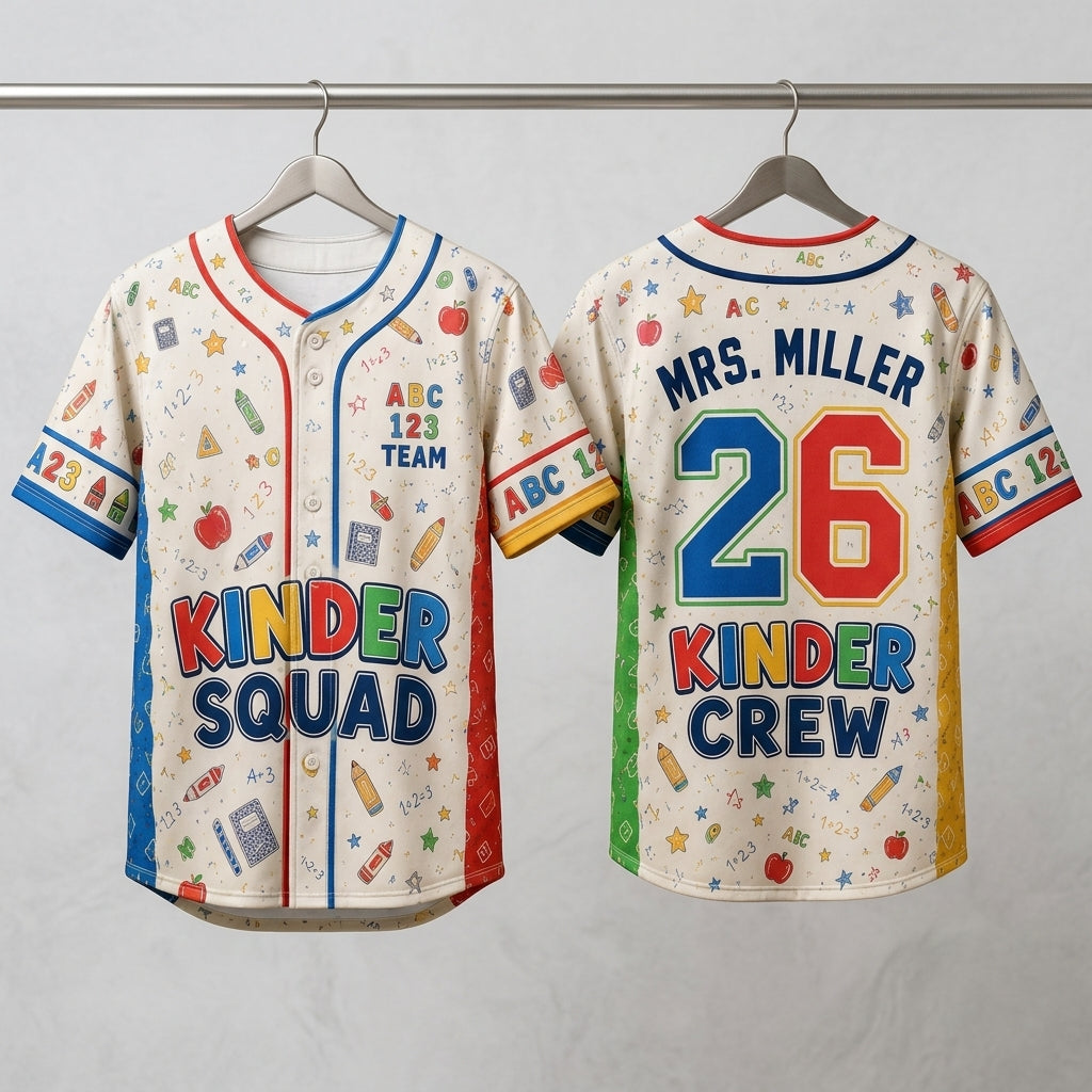 Personalized Kindergarten Teacher Baseball Jersey - Custom Name Kinder Squad School Spirit Gift