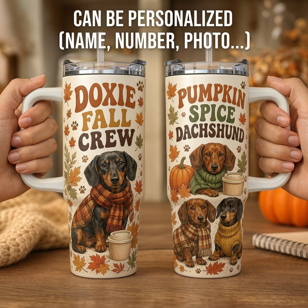 Doxie Fall Crew 40oz Tumbler with Handle, Pumpkin Spice Dachshund Autumn Travel Mug, Gift for Dog Lovers
