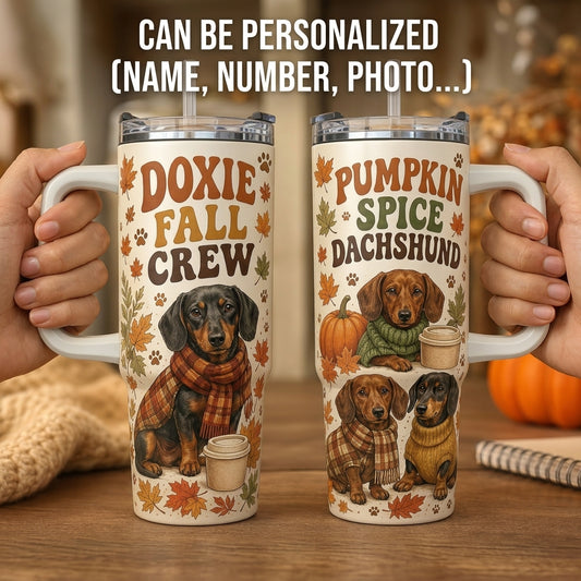 Doxie Fall Crew 40oz Tumbler with Handle, Pumpkin Spice Dachshund Autumn Travel Mug, Gift for Dog Lovers