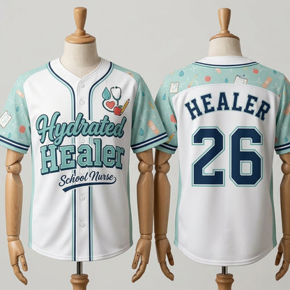 Personalized Hydrated Healer School Nurse Baseball Jersey - Custom Name and Number Athletic Shirt