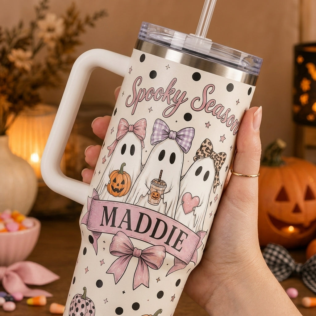 Personalized Spooky Season 40oz Tumbler with Handle - Cute Coquette Ghost & Pumpkin Custom Name Gift
