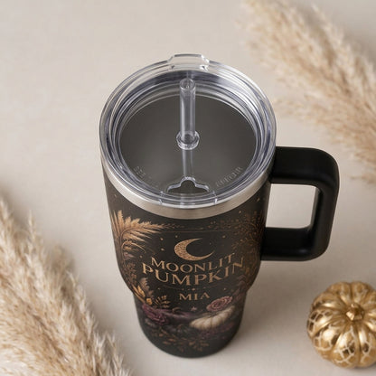 Personalized Moonlit Pumpkin 40oz Tumbler with Handle, Custom Name Celestial Fall Autumn Travel Mug