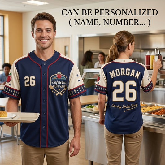 Personalized Cafeteria Hero Squad Baseball Jersey - Custom Name and Number School Staff Gift