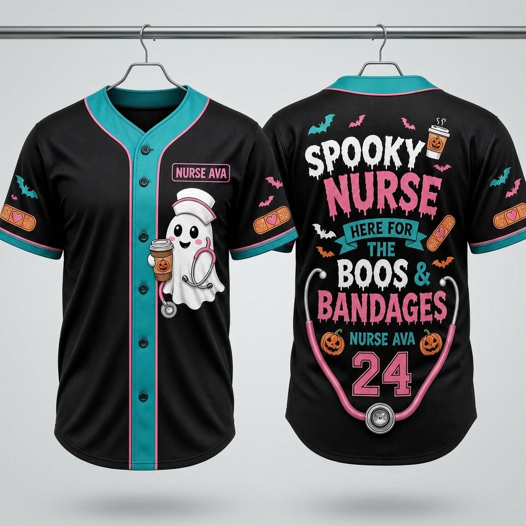 Personalized Spooky Nurse Baseball Jersey - Custom Name & Number Halloween Shirt - Here for the Boos and Bandages