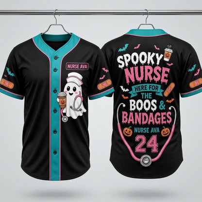 Personalized Spooky Nurse Baseball Jersey - Custom Name & Number Halloween Shirt - Here for the Boos and Bandages