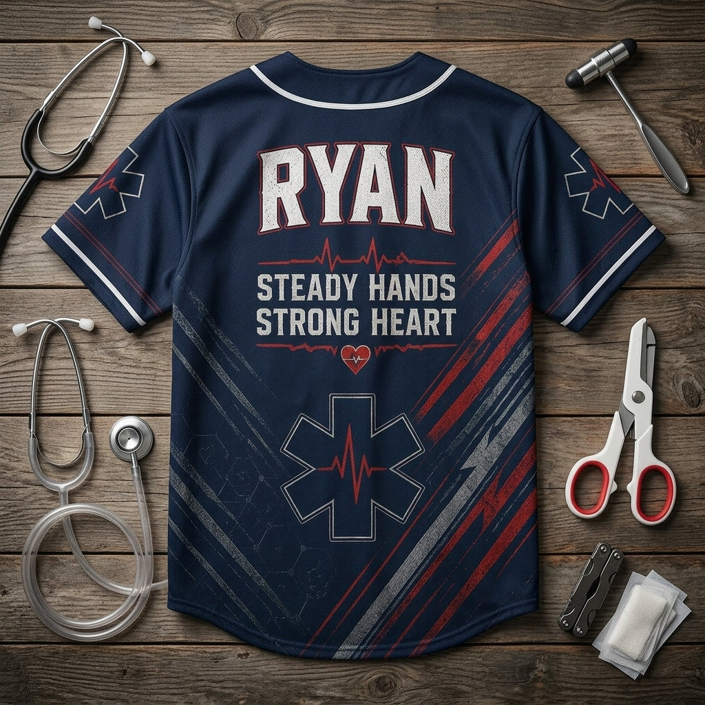 Personalized EMS Paramedic Baseball Jersey - Custom Name First Responder Uniform - Steady Hands Strong Heart Navy Shirt