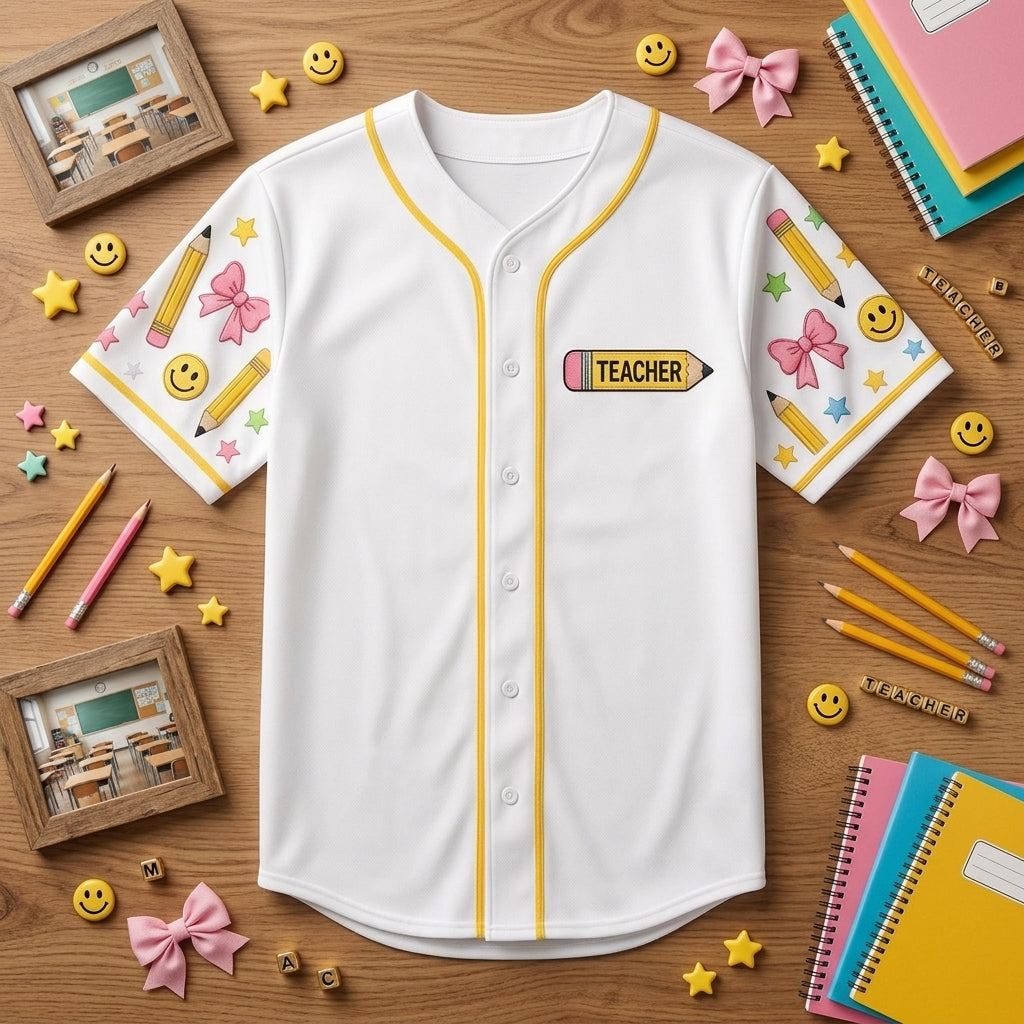 Personalized Teacher Crew Baseball Jersey - Custom Name Pencil Design School Spirit Shirt