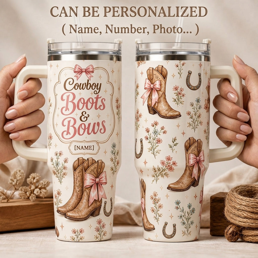 Personalized Cowboy Boots and Bows 40oz Tumbler with Handle - Custom Name Western Coquette Gift