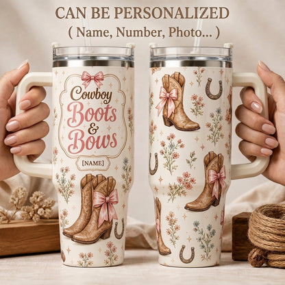 Personalized Cowboy Boots and Bows 40oz Tumbler with Handle - Custom Name Western Coquette Gift