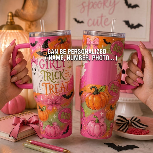 Girly Trick or Treat Halloween 40oz Tumbler with Handle, Pink Coquette Ghost & Pumpkin Water Bottle