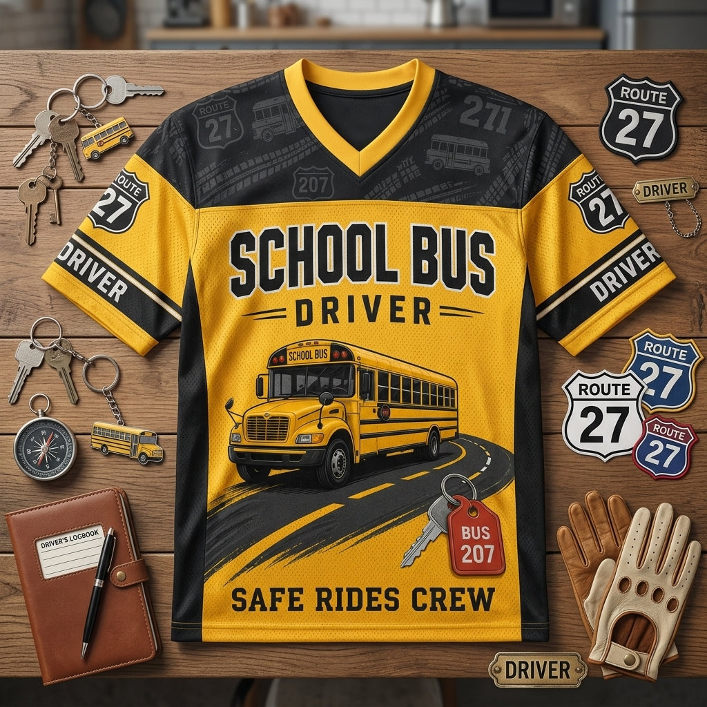 Personalized School Bus Driver Football Jersey - Custom Name & Number Safe Rides Crew Mesh Sportswear