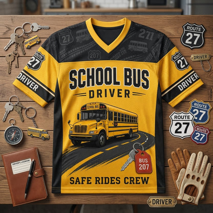 Personalized School Bus Driver Football Jersey - Custom Name & Number Safe Rides Crew Mesh Sportswear