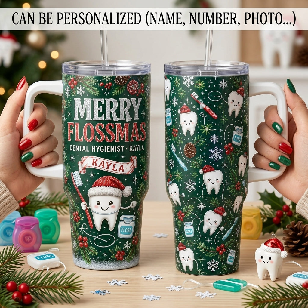 Personalized Merry Flossmas 40oz Tumbler with Handle, Custom Name Dental Hygienist Gift, Christmas Dentist Mug