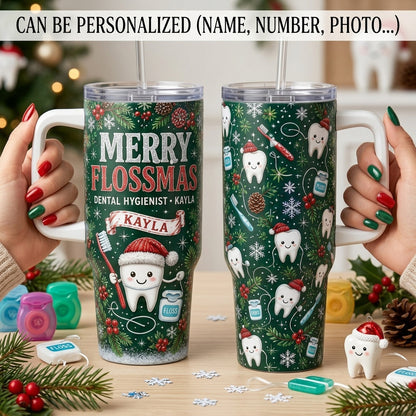 Personalized Merry Flossmas 40oz Tumbler with Handle, Custom Name Dental Hygienist Gift, Christmas Dentist Mug