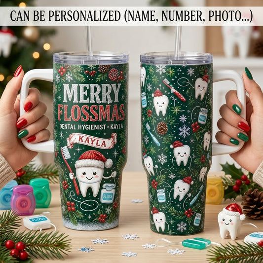 Personalized Merry Flossmas 40oz Tumbler with Handle, Custom Name Dental Hygienist Gift, Christmas Dentist Mug