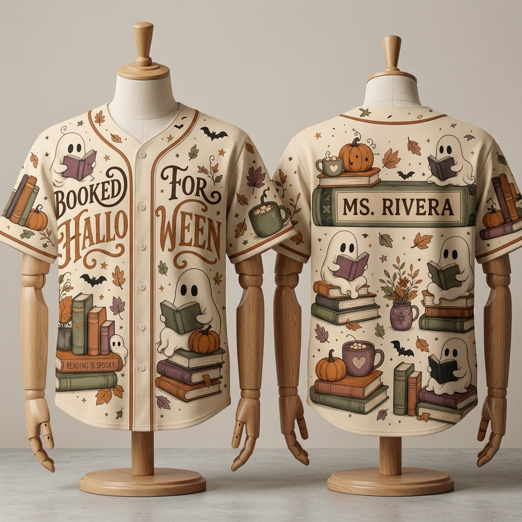 Personalized Booked For Halloween Baseball Jersey - Custom Name Reading Ghost Teacher & Librarian Shirt