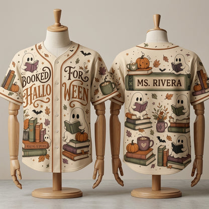 Personalized Booked For Halloween Baseball Jersey - Custom Name Reading Ghost Teacher & Librarian Shirt