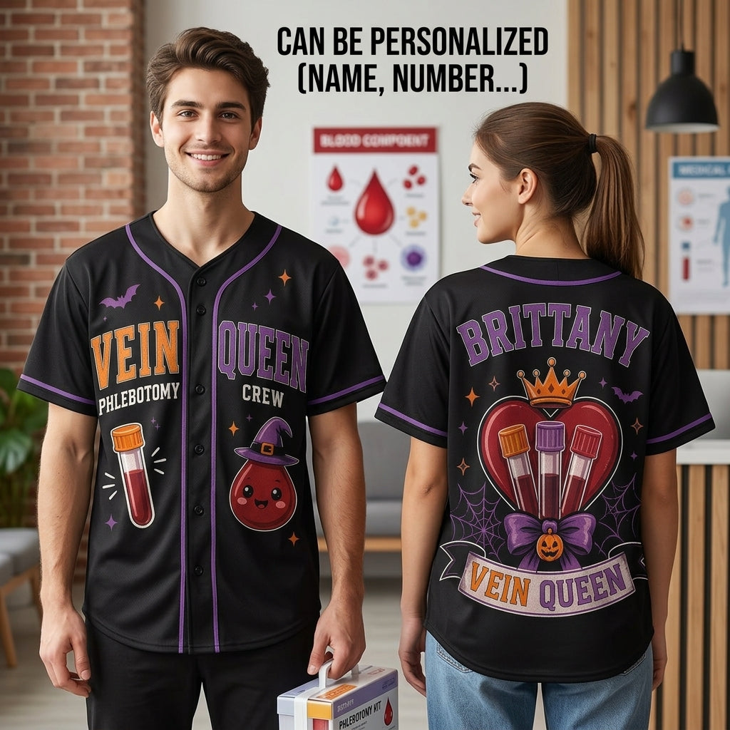 Personalized Vein Queen Phlebotomy Crew Baseball Jersey - Custom Name Halloween Phlebotomist Gift
