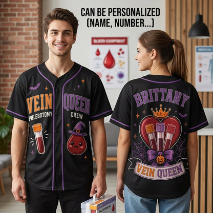 Personalized Vein Queen Phlebotomy Crew Baseball Jersey - Custom Name Halloween Phlebotomist Gift
