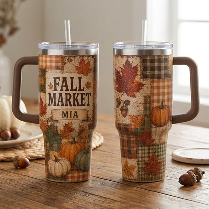 Personalized Fall Market 40oz Tumbler with Handle - Custom Name Autumn Leaves Pumpkin Patchwork Travel Mug