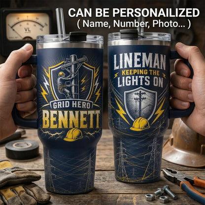 Personalized Lineman 40oz Tumbler with Handle, Custom Grid Hero Gift for Electrical Workers