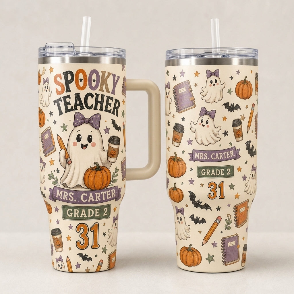 Personalized Spooky Teacher Halloween 40oz Tumbler with Handle - Custom Name and Grade Gift