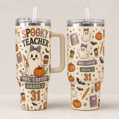 Personalized Spooky Teacher Halloween 40oz Tumbler with Handle - Custom Name and Grade Gift