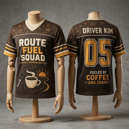 Personalized Route Fuel Squad Football Jersey - Custom Name and Number Coffee Lover Jersey for Drivers