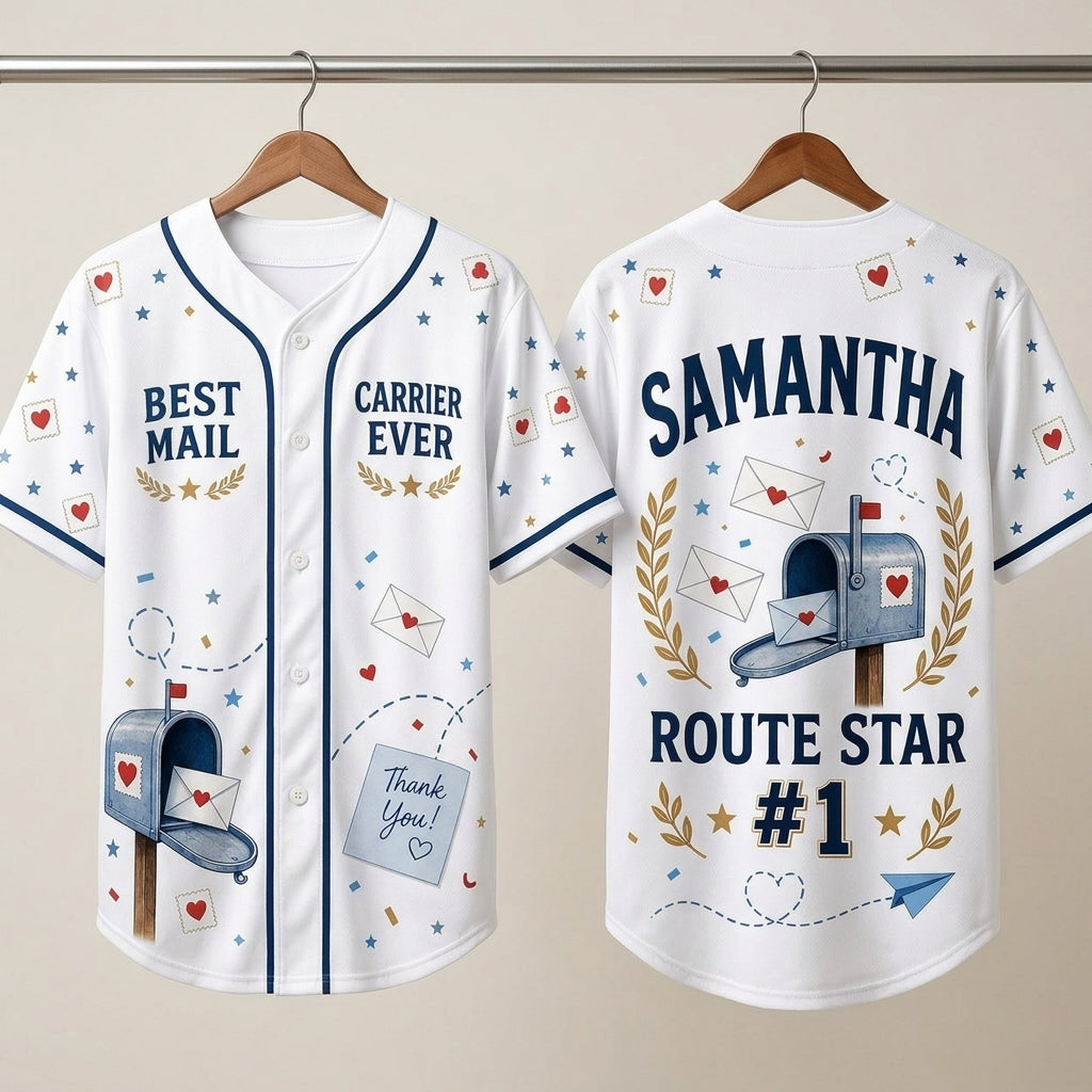 Personalized Best Mail Carrier Ever Baseball Jersey - Custom Name & Route Star #1 Postal Gift