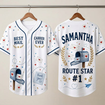 Personalized Best Mail Carrier Ever Baseball Jersey - Custom Name & Route Star #1 Postal Gift