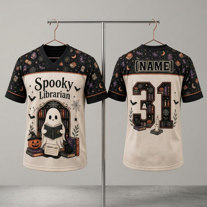 Personalized Spooky Librarian Halloween Football Jersey - Custom Name Ghost Reading Jersey