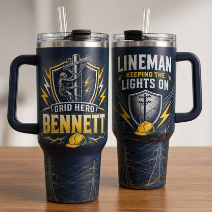 Personalized Lineman 40oz Tumbler with Handle, Custom Grid Hero Gift for Electrical Workers