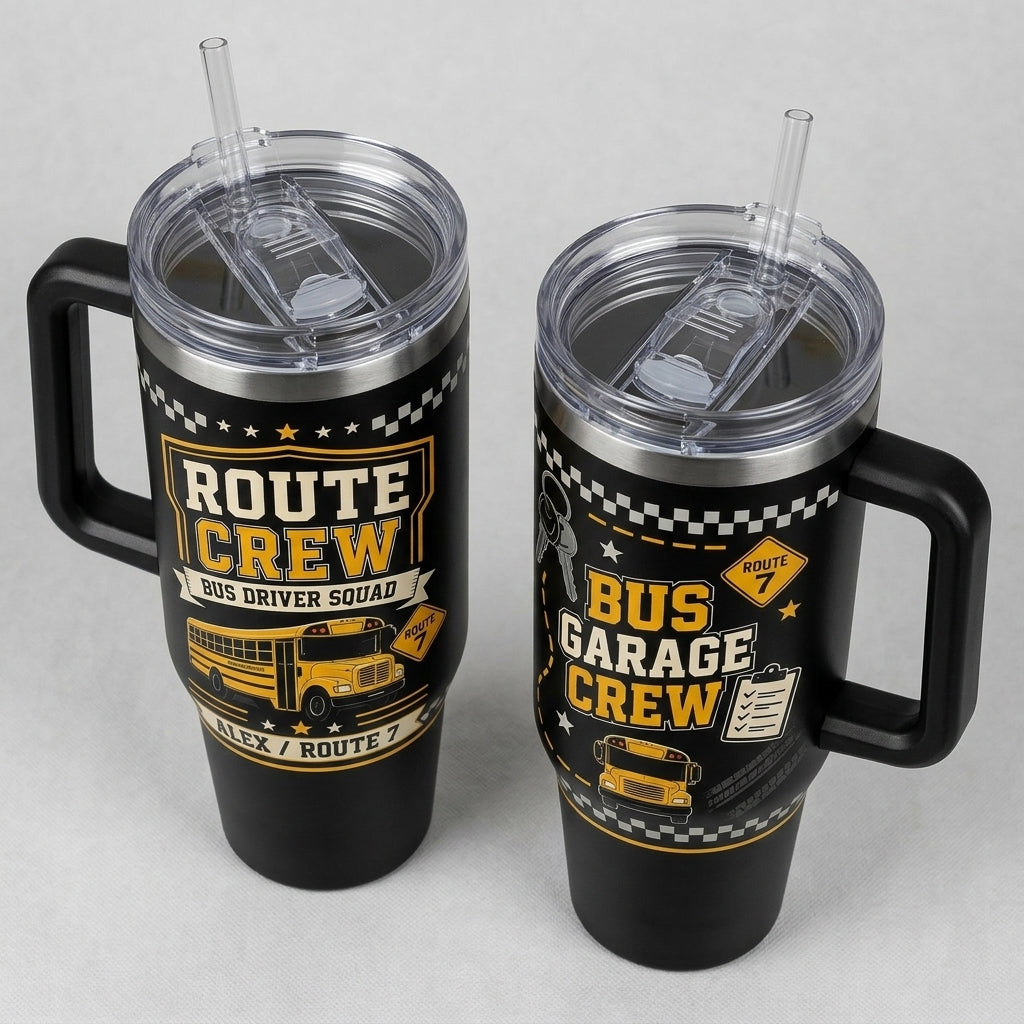 Personalized Bus Driver 40oz Tumbler with Handle - Route Crew Bus Garage Squad Custom Name Gift