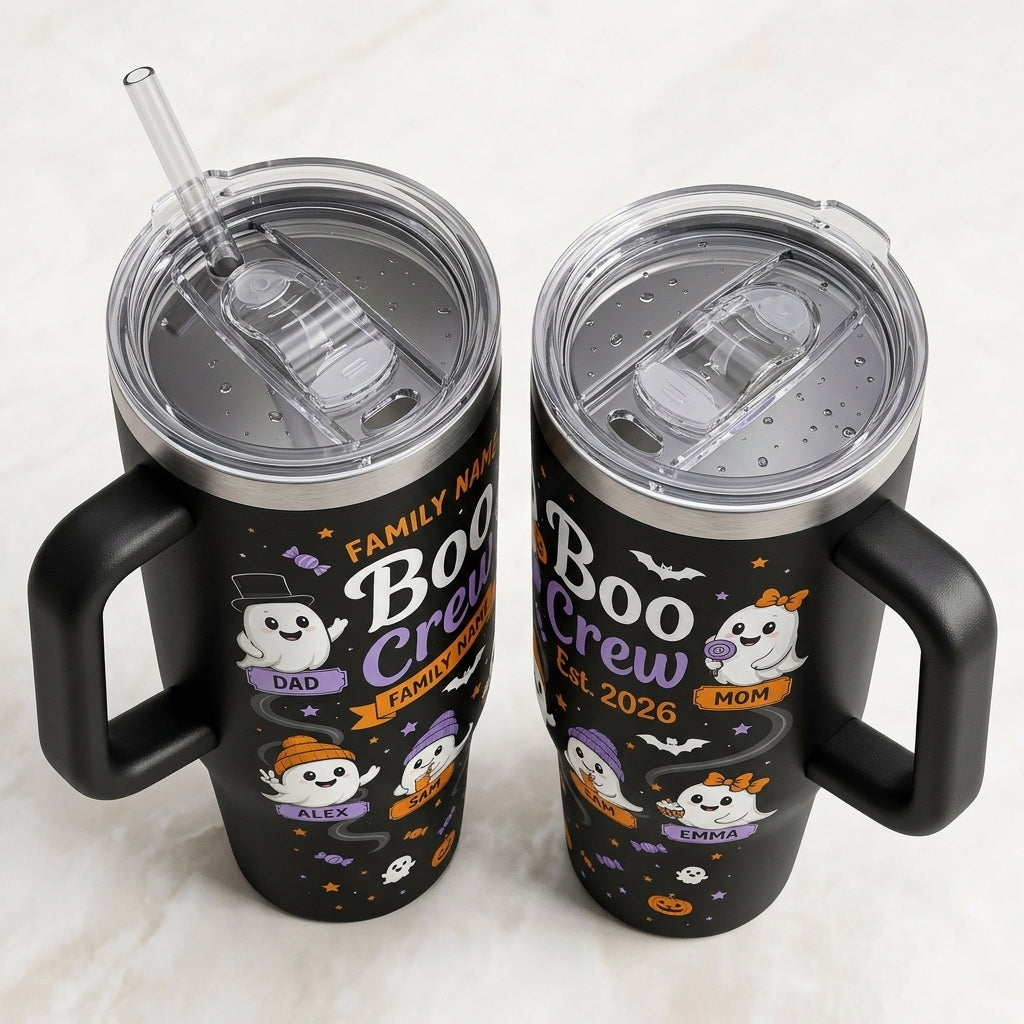 Personalized Boo Crew Halloween Ghost 40oz Tumbler with Handle - Custom Family Name & Member Gift